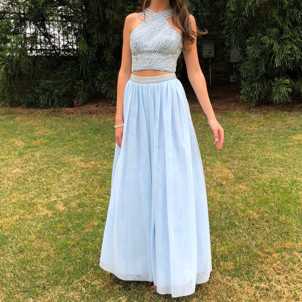 Baby blue two-piece prom dress.